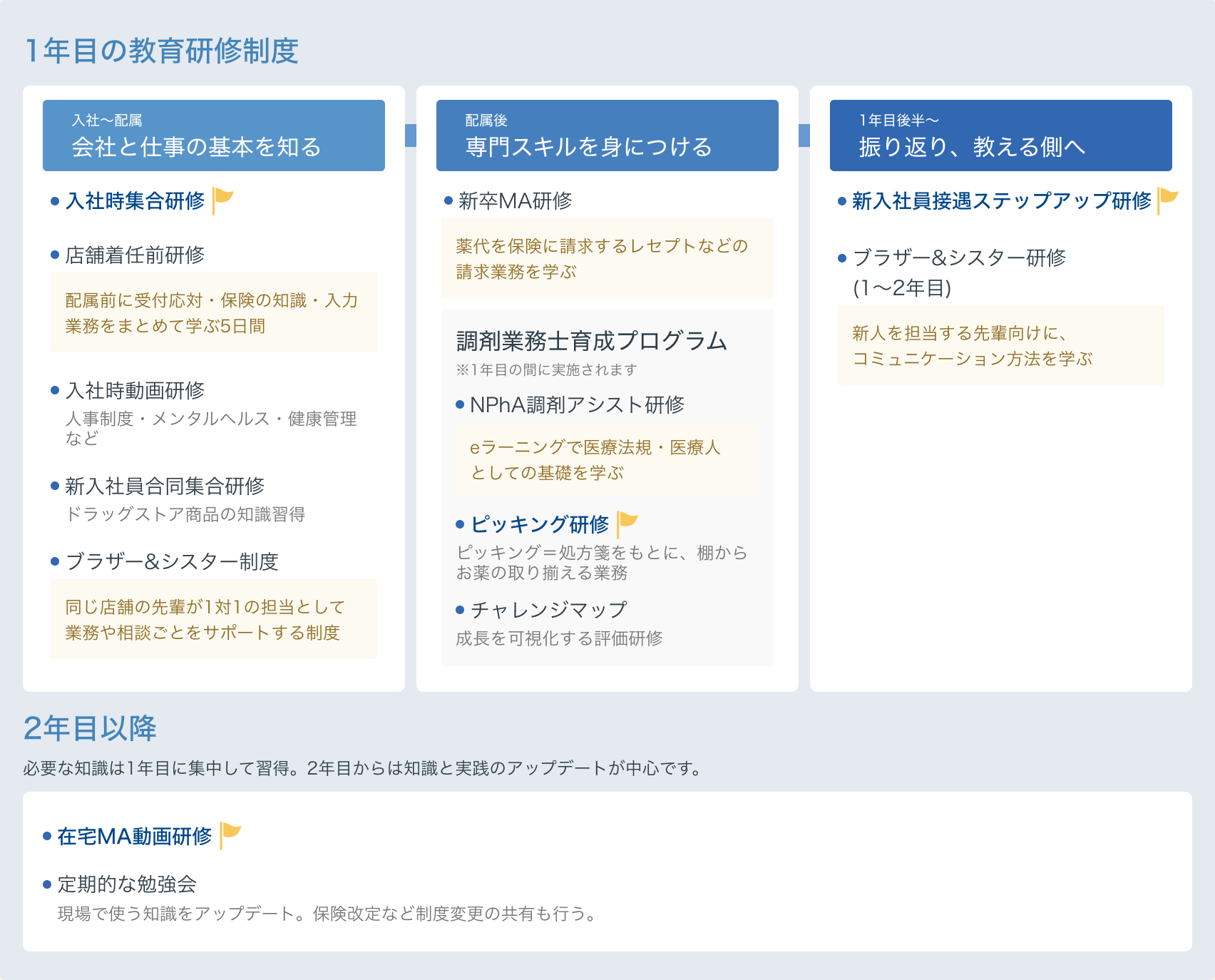 1年目の教育研修制度と2年目以降の研修の流れ